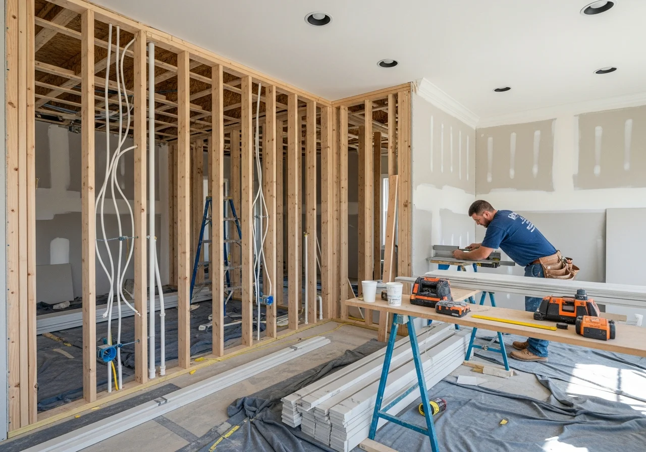 Palm Build reconstruction crew working on structural framing in an Indian Trail NC home with new lumber and construction materials visible