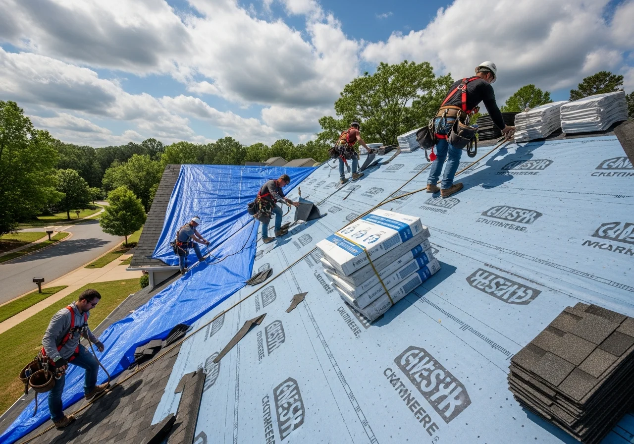 Roof repair in progress on a storm-damaged Indian Trail home