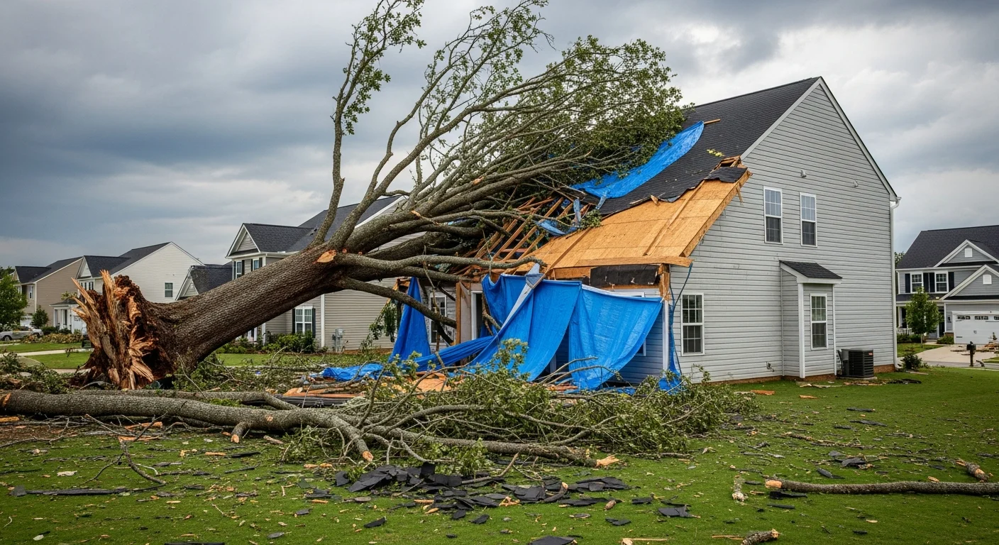 Storm damage to a residential home in Indian Trail NC showing wind-damaged roof and fallen tree debris with Palm Build emergency response equipment visible