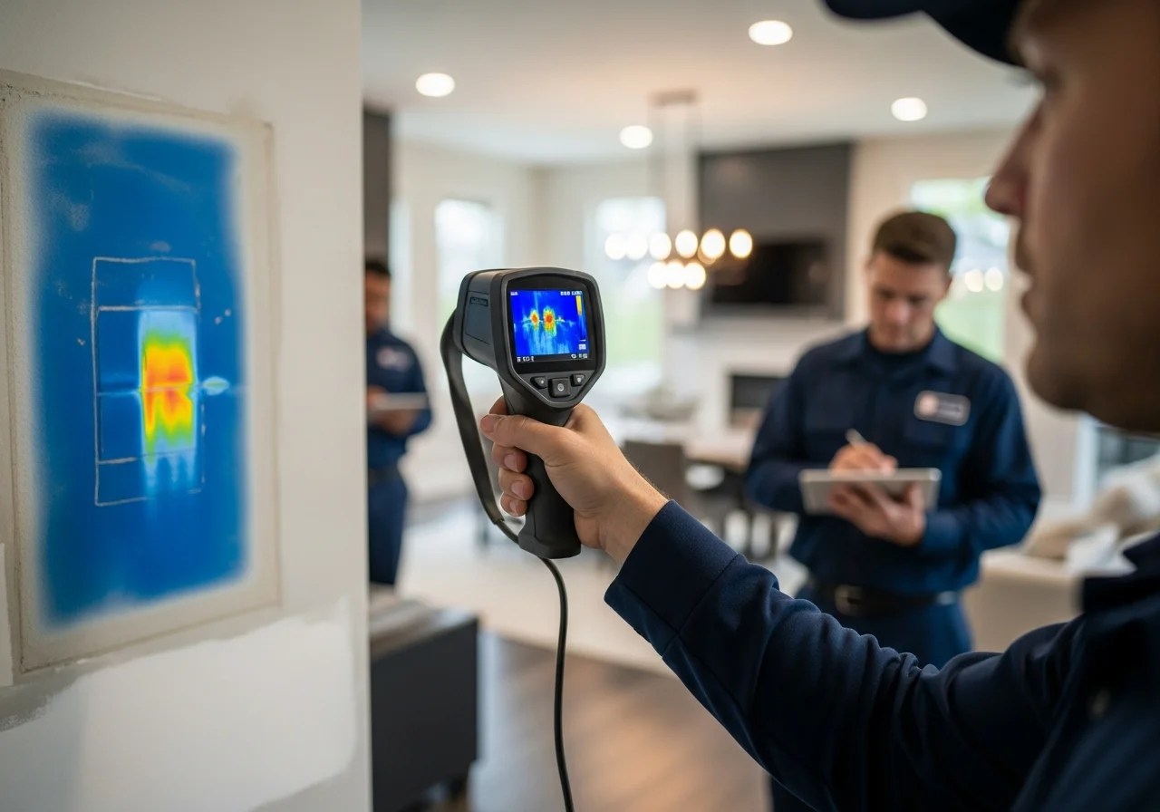 Palm Build technician using thermal imaging camera during water damage assessment in Indian Trail NC