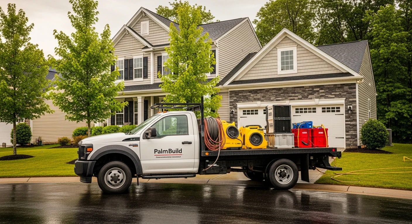 Palm Build restoration truck parked at a modern two-story Indian Trail NC suburban home after rain with restoration equipment visible