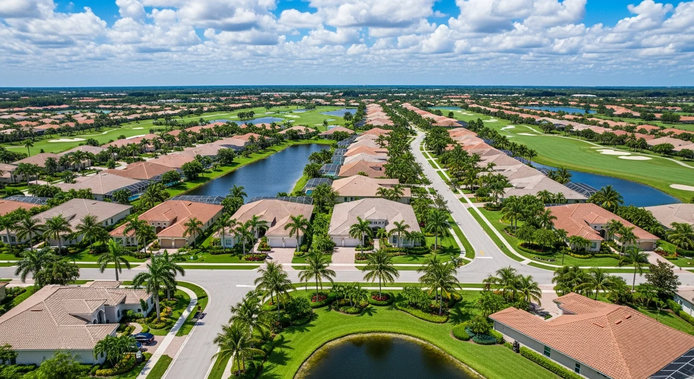 Aerial view of a gated luxury community in Jupiter Florida showing barrel tile roofs and waterfront exposure to the Intracoastal Waterway