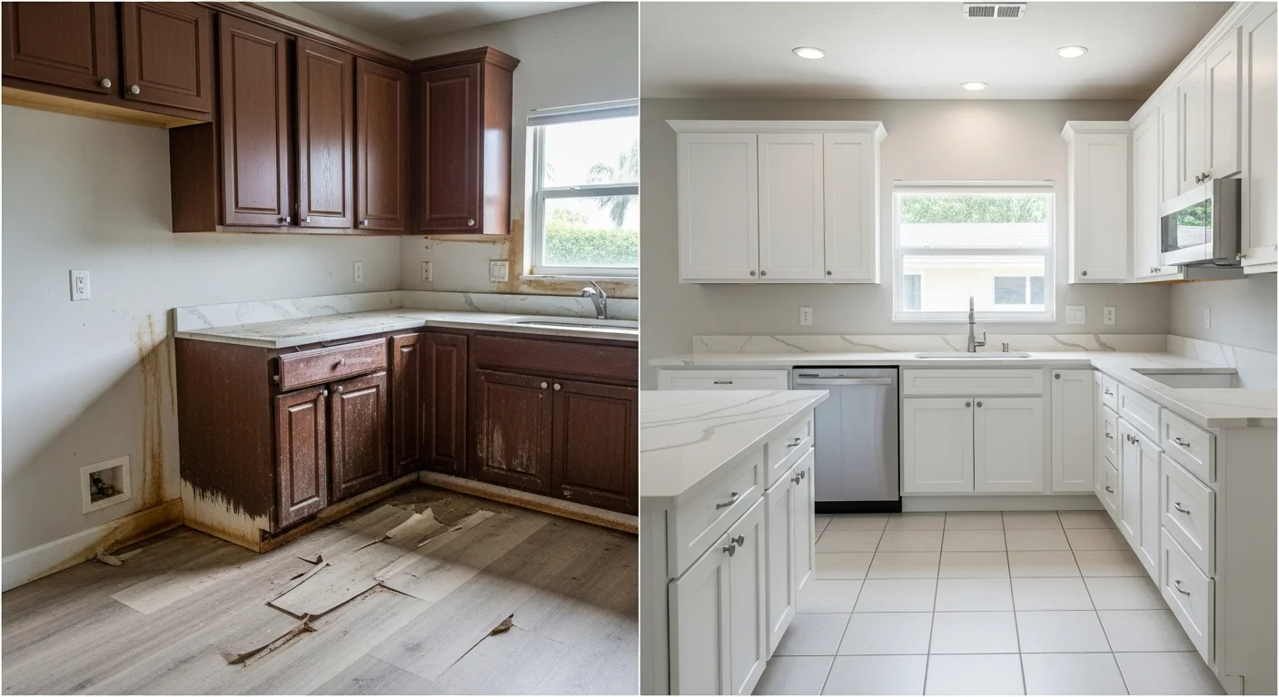 Before and after kitchen reconstruction in a Jupiter Florida home showing premium cabinetry and countertop restoration