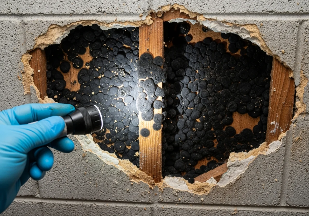 Black mold growth discovered behind drywall on CBS concrete block wall in a Jupiter FL home