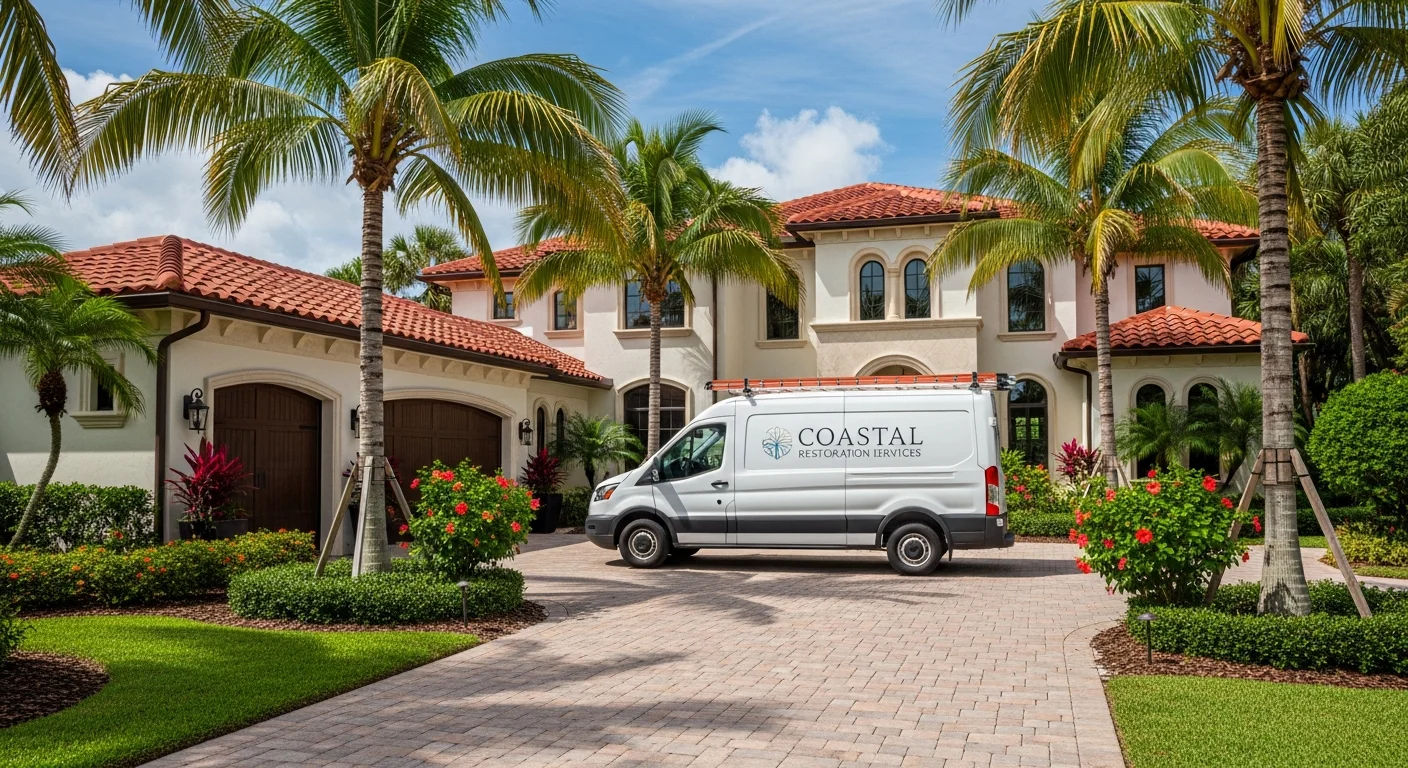 Palm Build restoration van parked in the driveway of a Jupiter Florida luxury home during storm damage emergency response