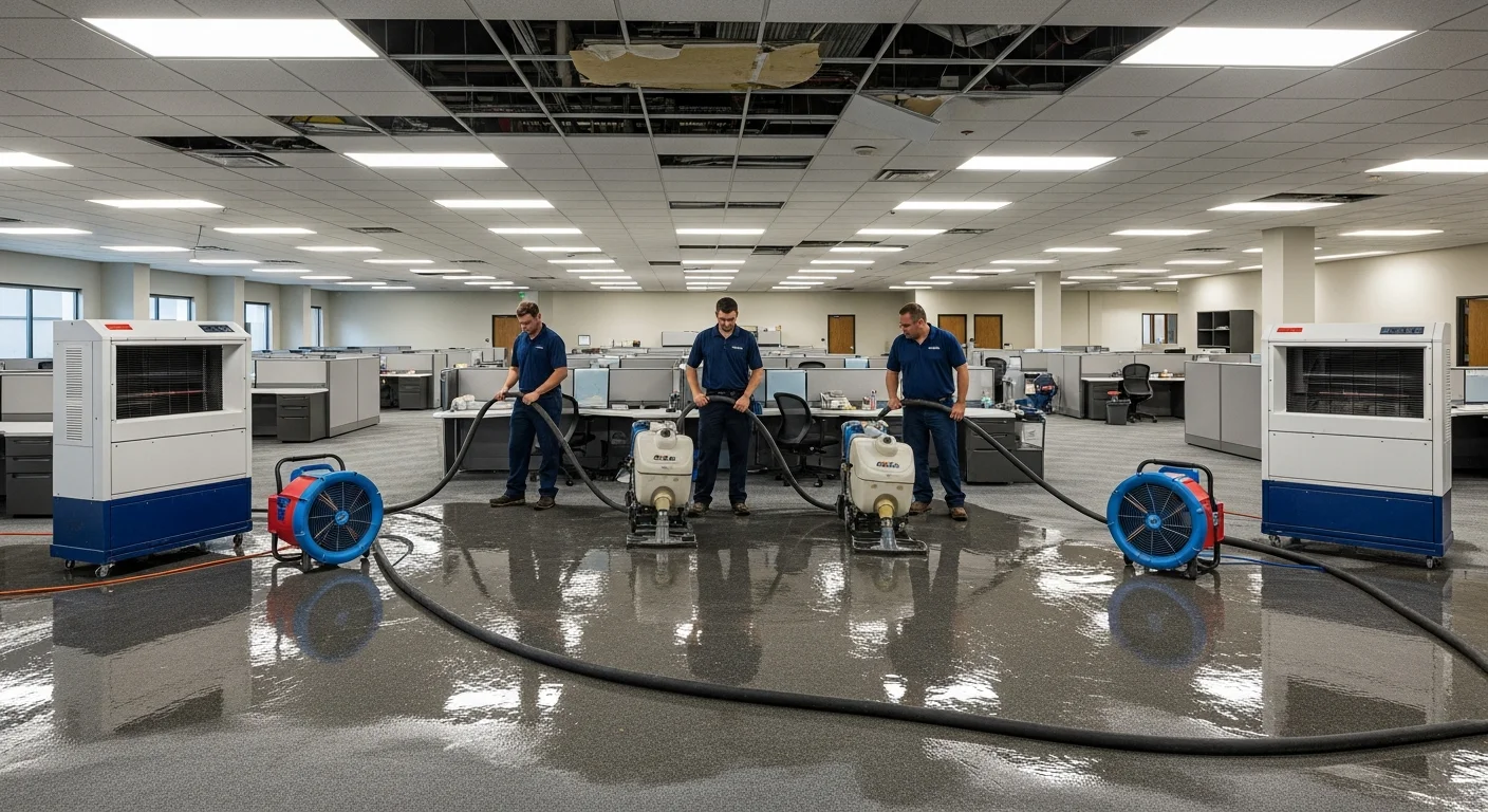 Commercial water extraction in progress at a Jupiter Florida business with truck-mounted extractors removing standing water from a retail space