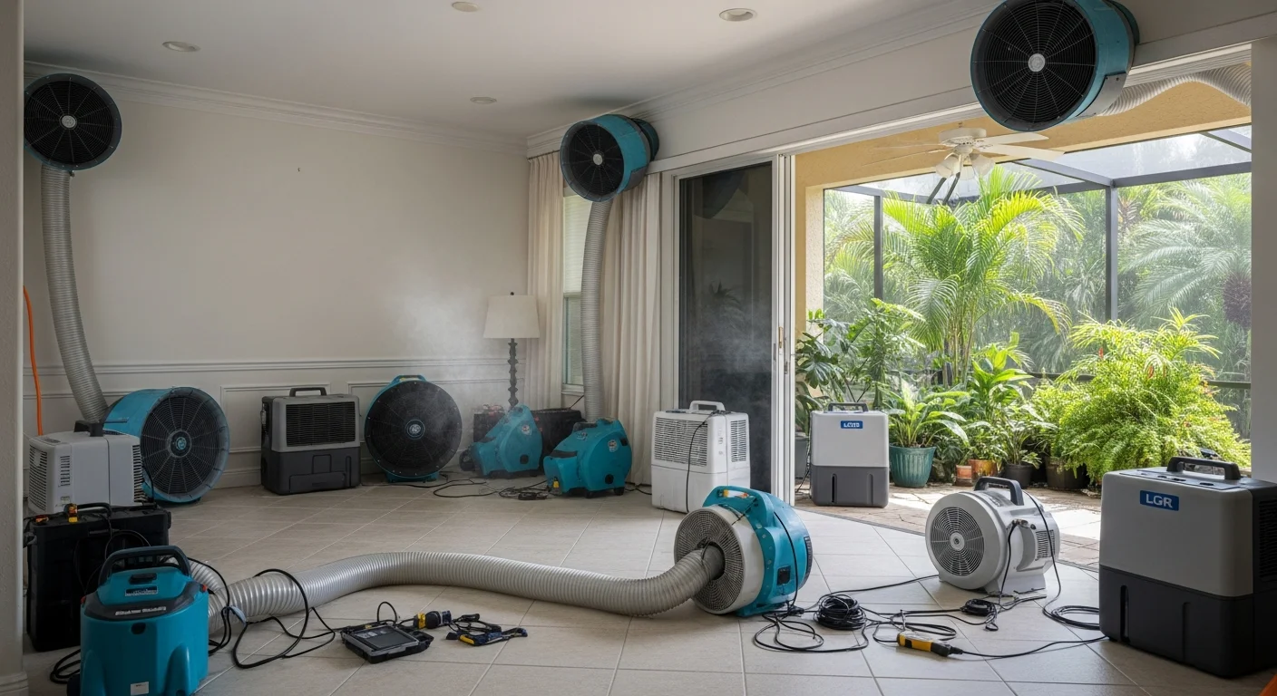 Commercial LGR dehumidifiers and high-velocity air movers set up inside a Jupiter Florida home during structural drying