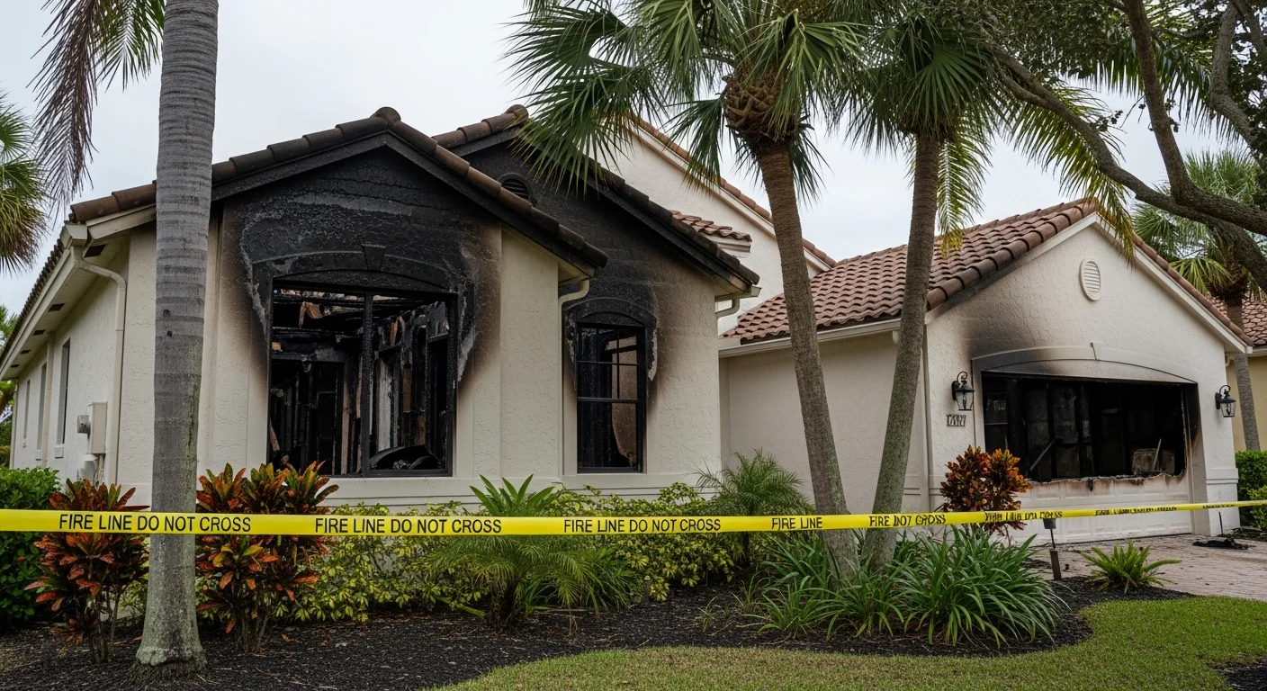Exterior fire damage to a Jupiter Florida home showing charred stucco and damaged roof section