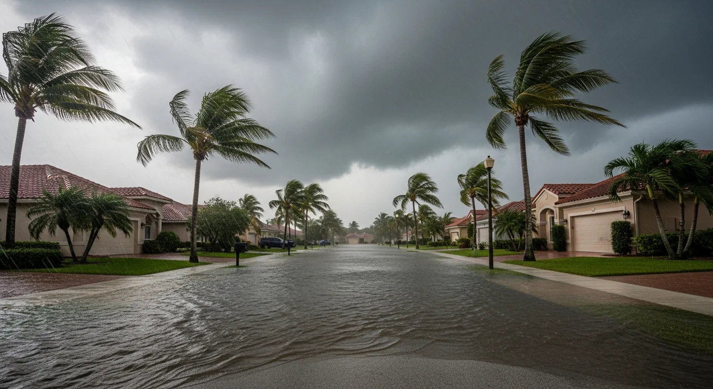 Flash flooding on a residential street in Jupiter Florida during an intense summer thunderstorm with water covering the roadway and approaching home driveways
