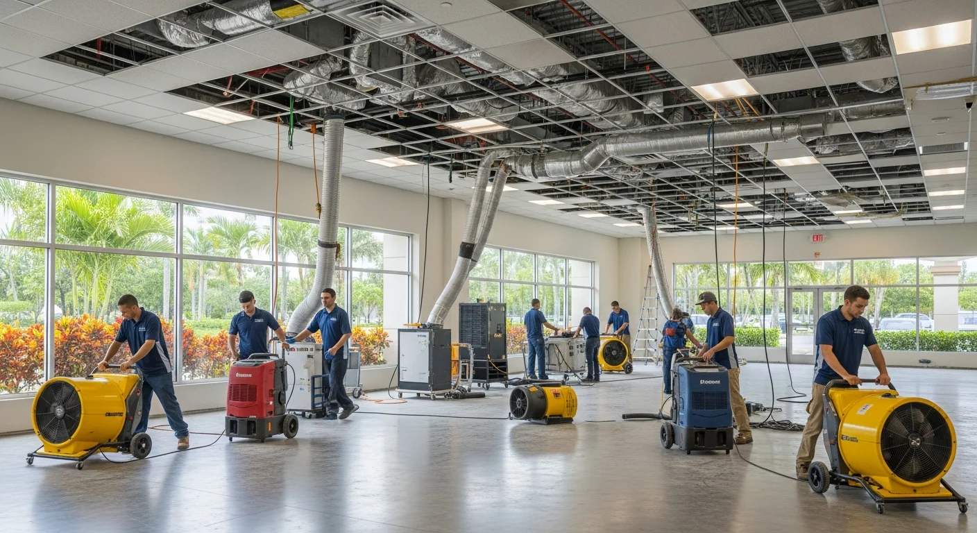 Commercial restoration crew working inside a large Jupiter Florida commercial space with industrial drying equipment