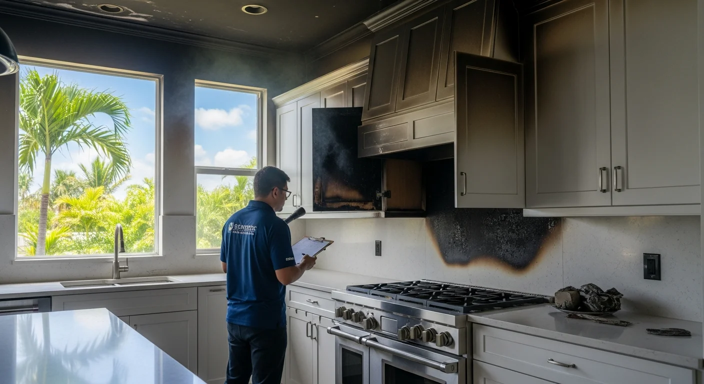 Restoration technician assessing fire and smoke damage in a Jupiter Florida home kitchen with soot-stained walls and ceiling