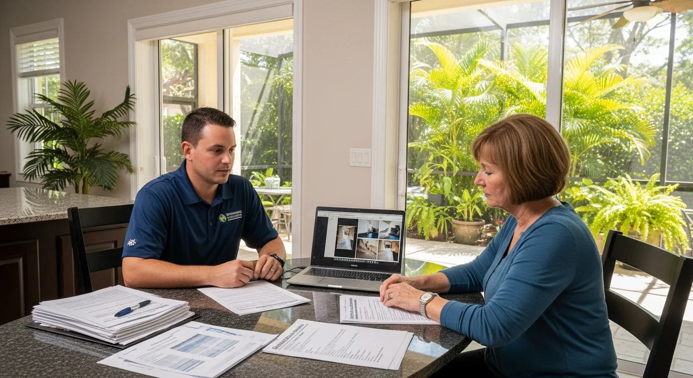 Palm Build representative reviewing insurance claim documentation with a Jupiter Florida homeowner