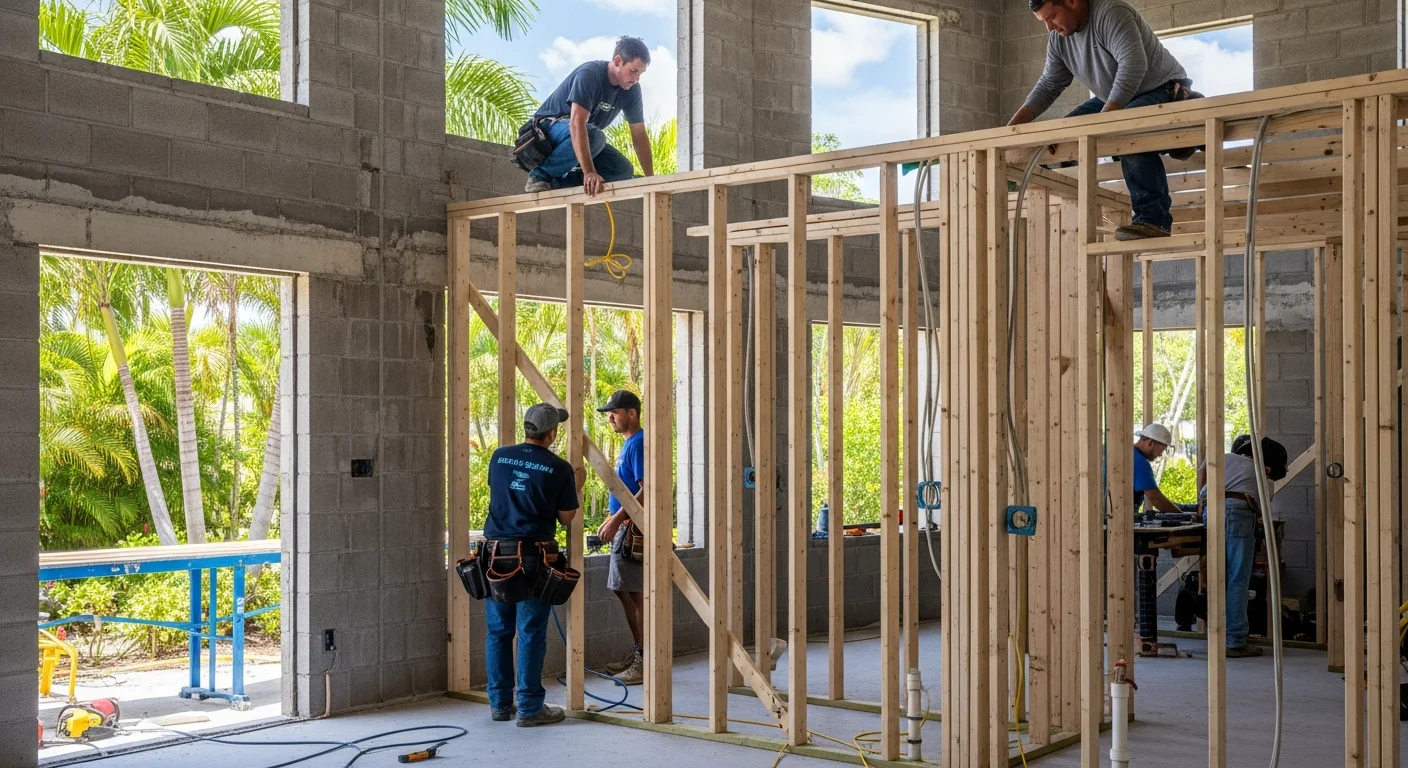 Reconstruction framing work inside a Jupiter Florida home after water damage restoration
