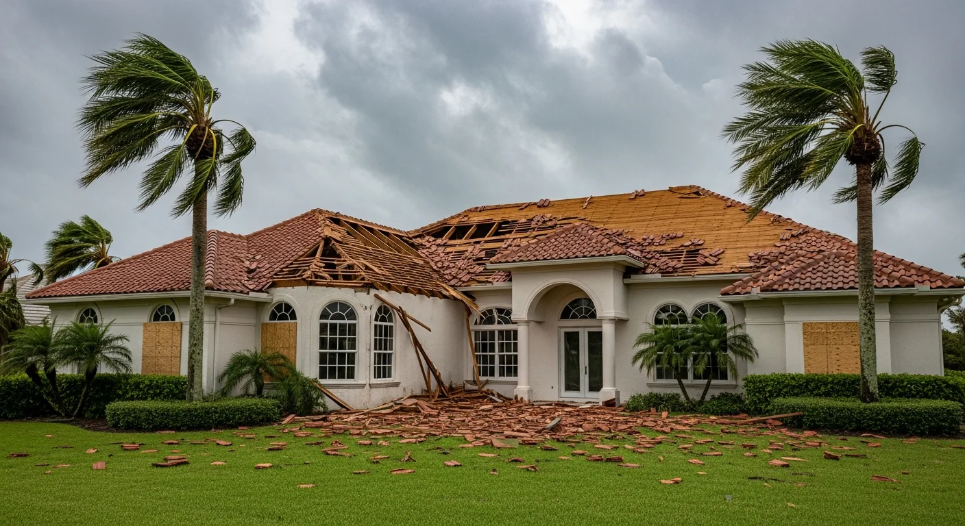 Hurricane wind damage to barrel tile roof on a Jupiter Florida CBS stucco home