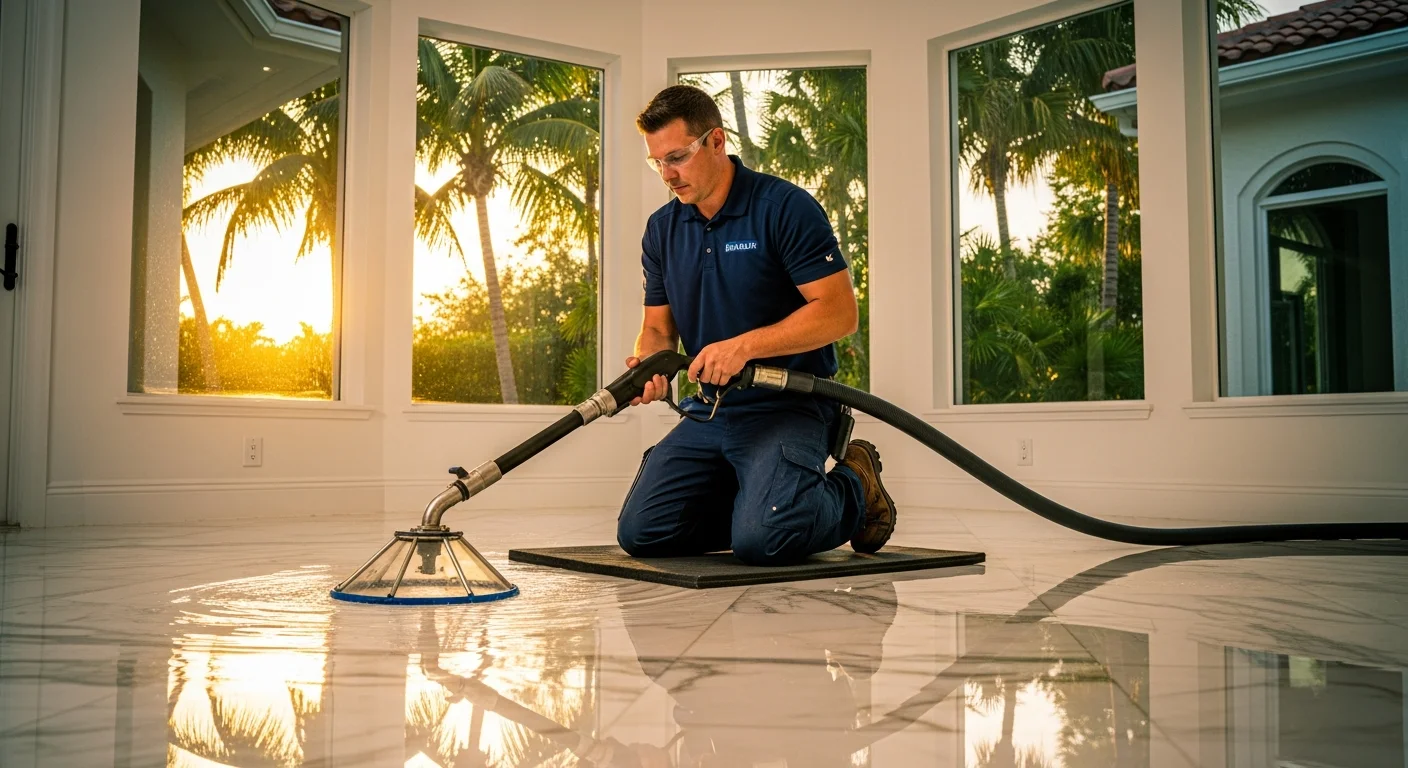 Palm Build restoration technician performing water extraction in a luxury Jupiter Florida stucco home with tropical landscaping visible through impact windows