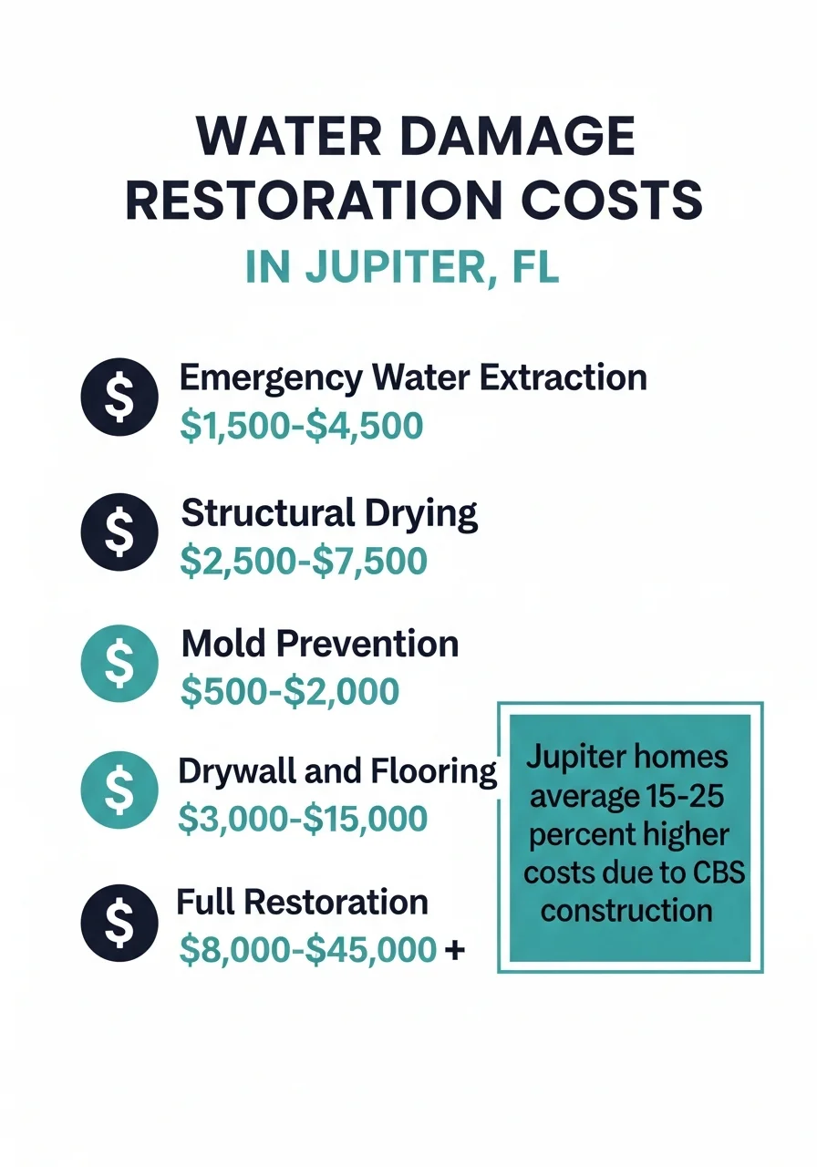 Infographic showing water damage restoration cost ranges for Jupiter FL homes including CBS stucco-specific line items