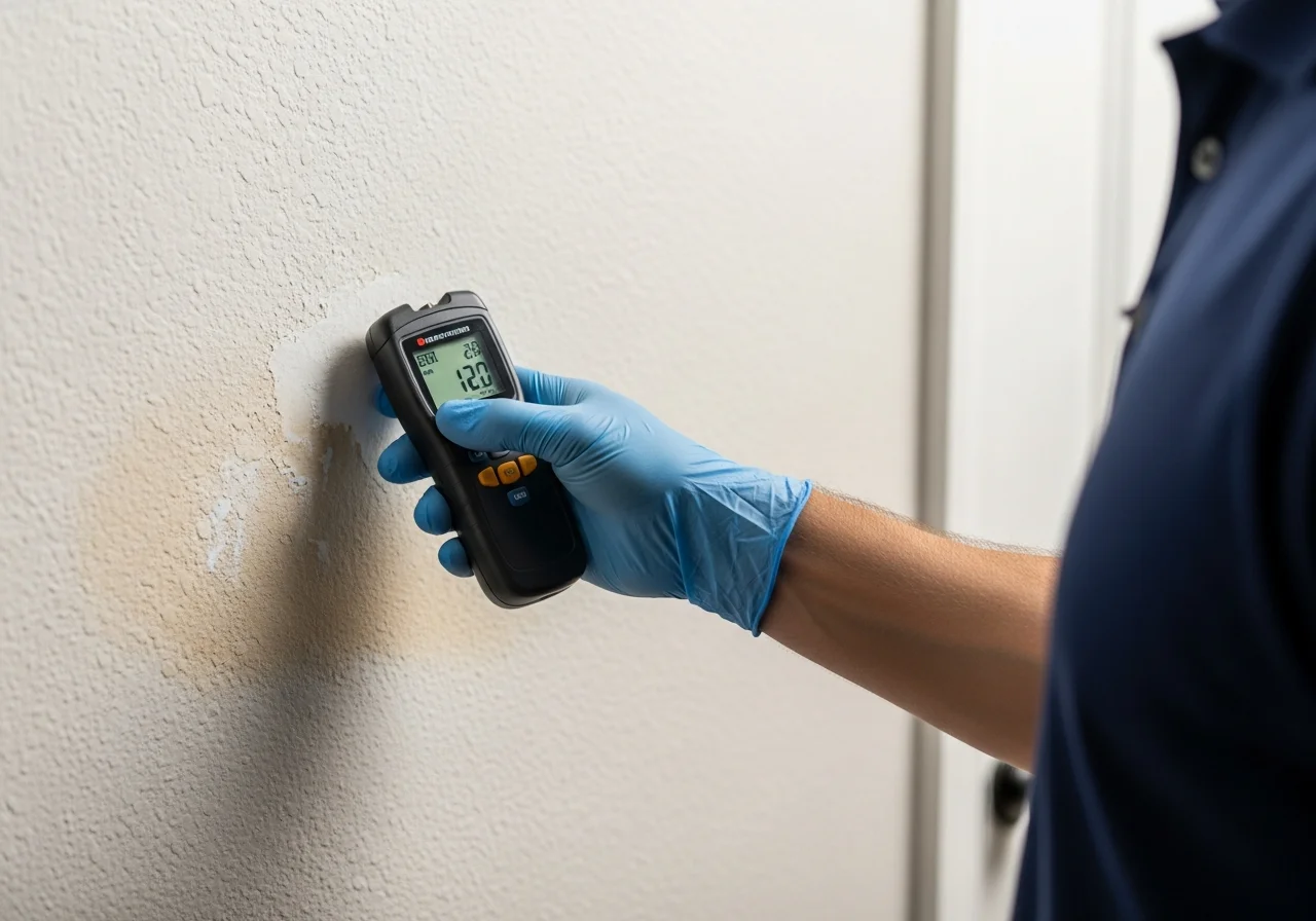 Palm Build technician taking moisture meter readings on CBS stucco wall in a Jupiter Florida home for insurance documentation