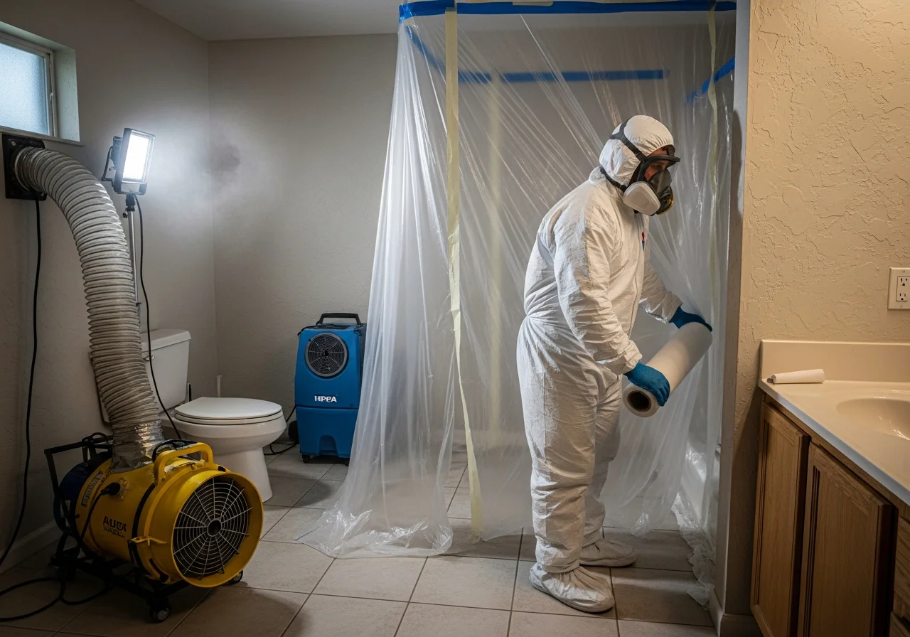 Palm Build technician in full PPE performing mold remediation in a Jupiter Florida home with containment barriers and HEPA filtration