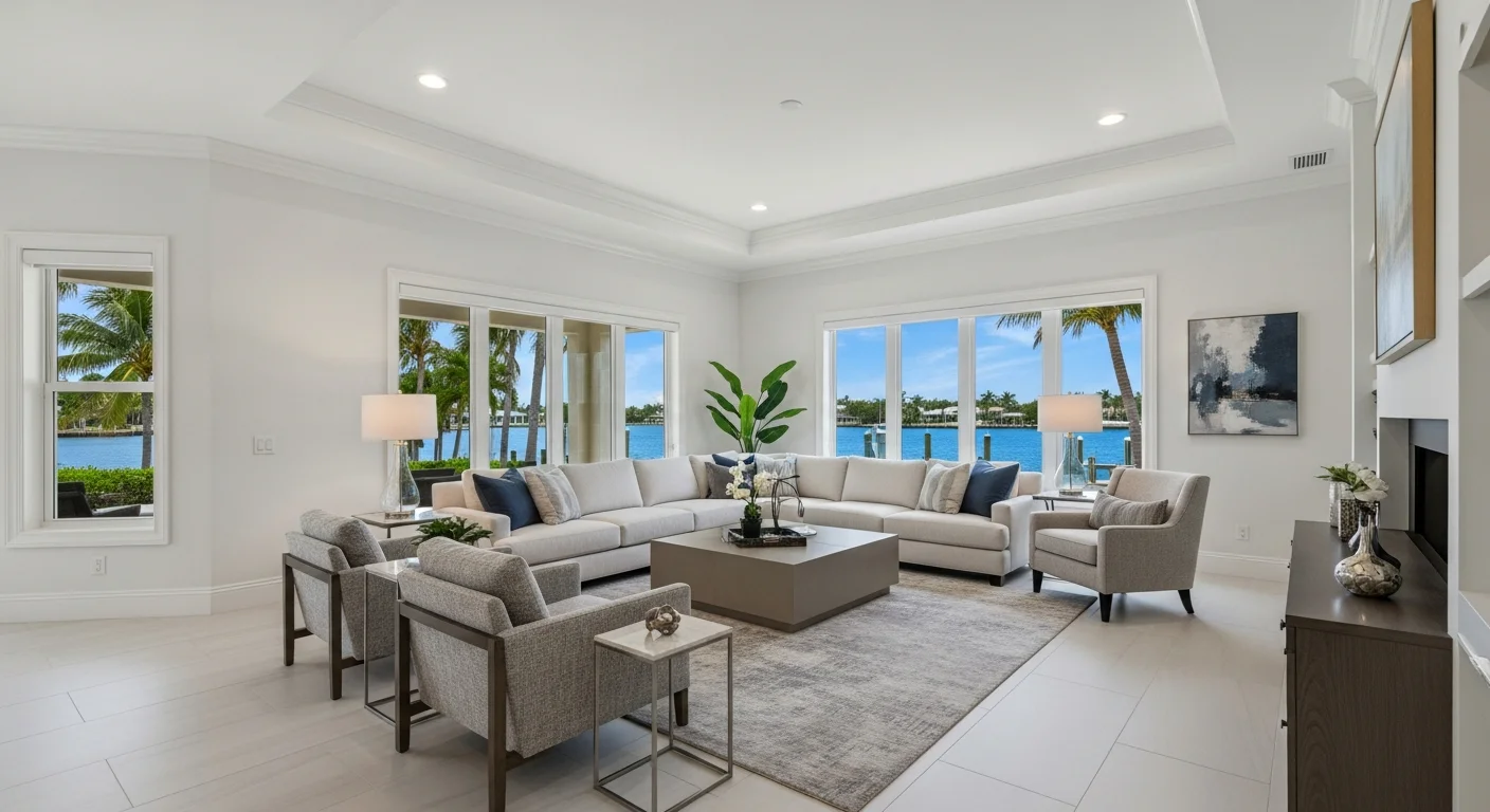 Beautifully restored luxury living room in a Jupiter Florida home after complete storm damage restoration showing new premium flooring and fresh interior finishes