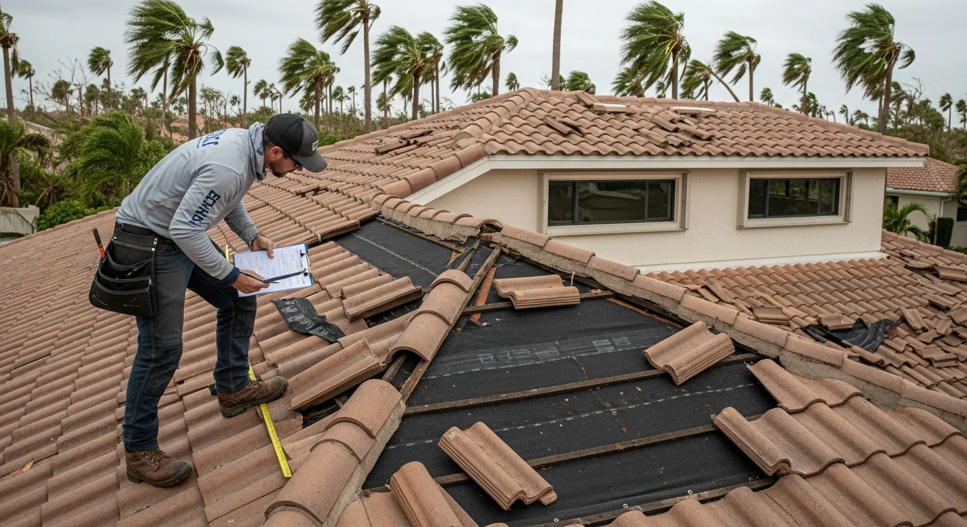 Palm Build technician inspecting hurricane wind damage to a barrel tile roof on a Jupiter Florida CBS stucco home showing displaced tiles and exposed underlayment