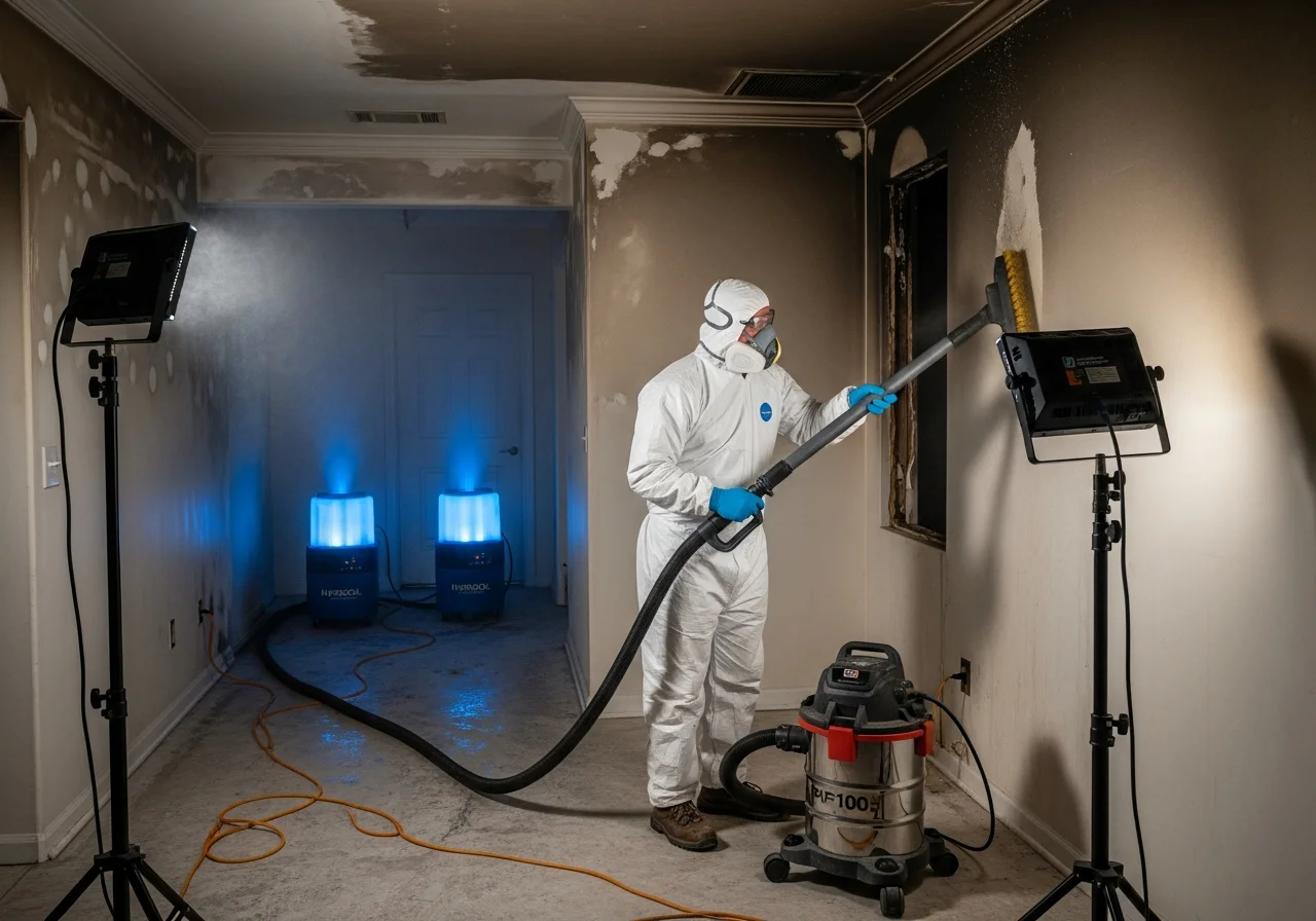 Professional smoke and soot remediation in progress at a Jupiter FL home with HEPA equipment