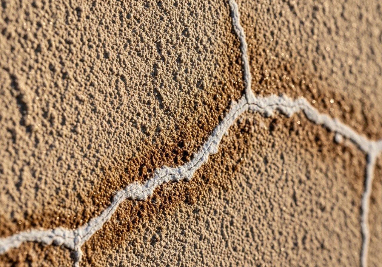 Close-up of stucco crack and moisture damage on a CBS block wall in Jupiter Florida showing deterioration patterns common in coastal concrete block construction