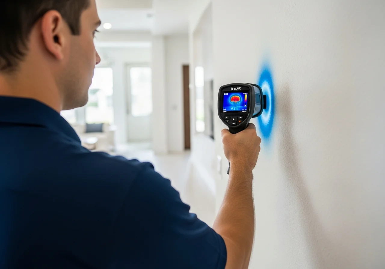 Palm Build technician using FLIR thermal imaging camera to detect hidden moisture behind CBS stucco walls in a Jupiter Florida home for insurance documentation