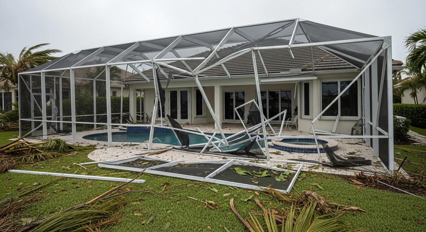 Destroyed pool screen enclosure and lanai area at a Jupiter Florida home after hurricane force winds with twisted aluminum framing and torn screens