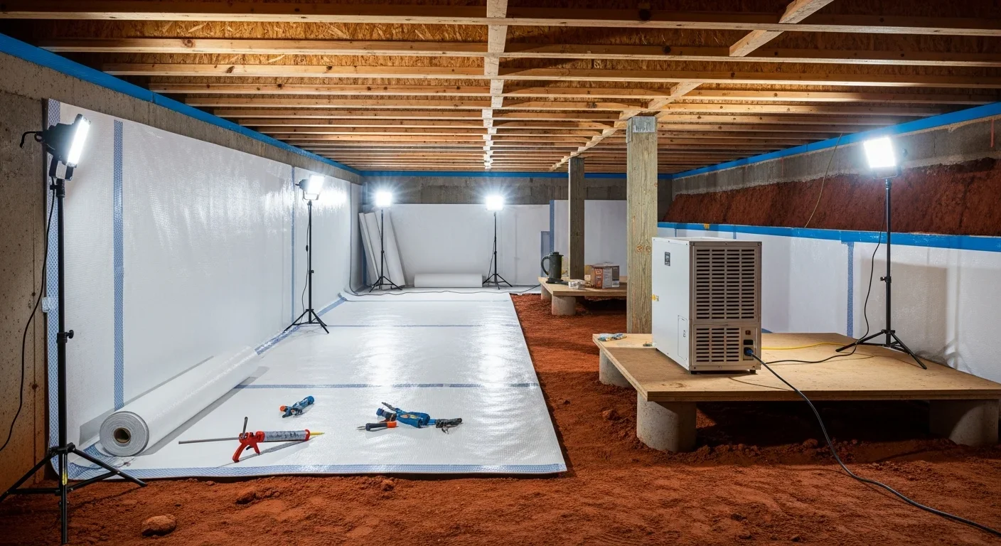 Completed crawl space encapsulation in a Kannapolis NC home with white vapor barrier and dehumidifier