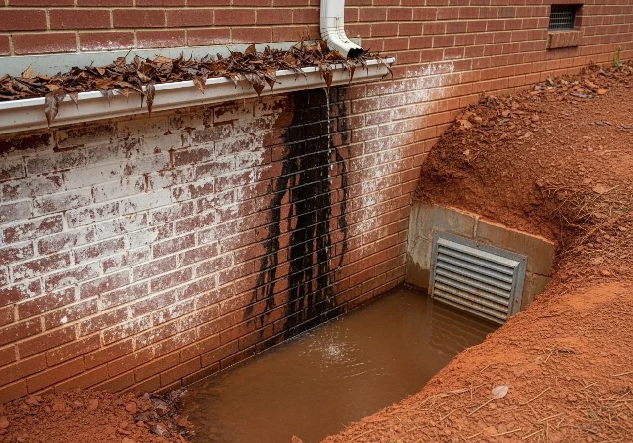 Foundation drainage issues at a Kannapolis NC home showing clay soil saturation against foundation walls