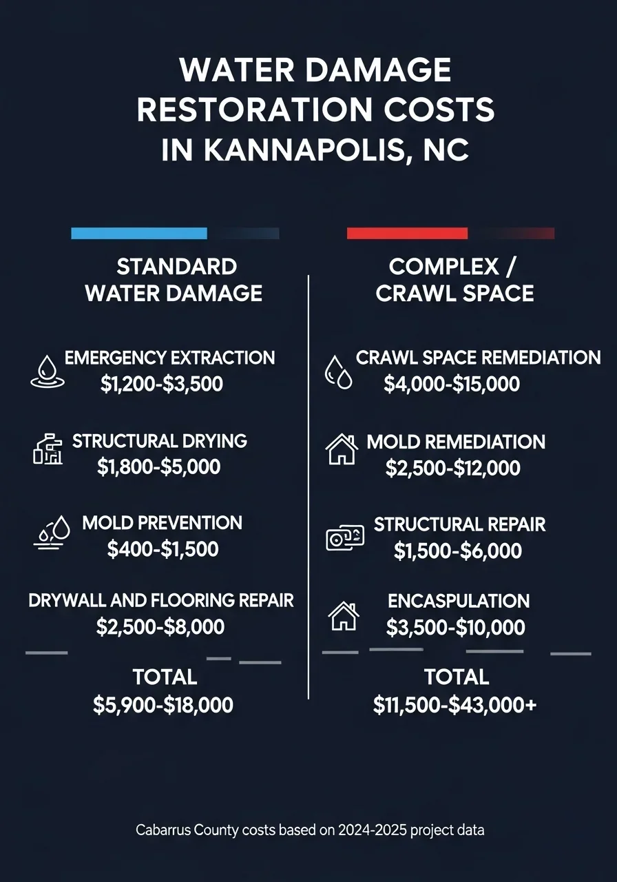 Infographic showing water damage restoration cost ranges in Kannapolis NC for standard and crawl space projects