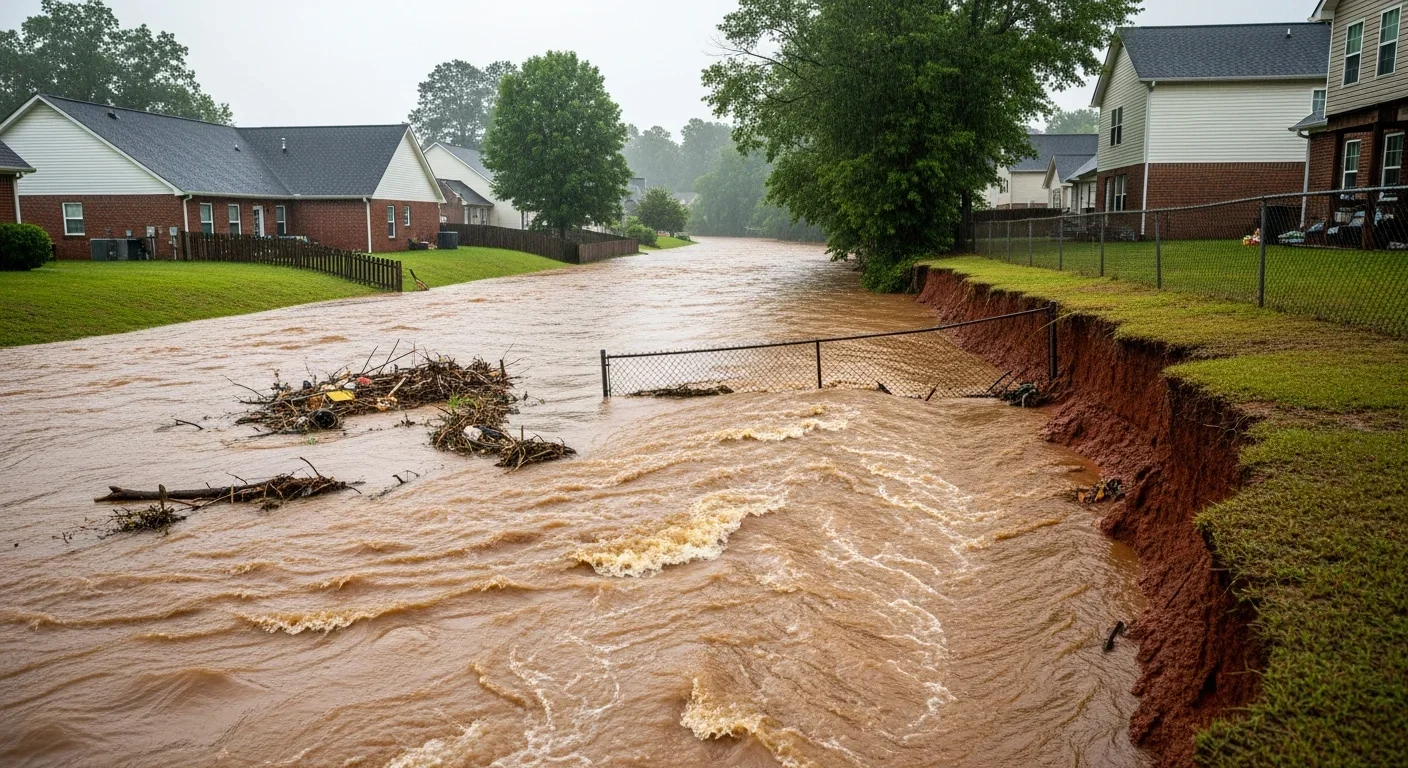 Swollen creek running through residential area in Kannapolis NC after heavy rain with floodwater encroaching on backyards and homes
