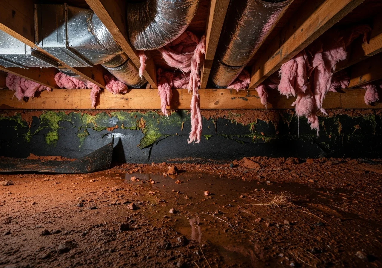 Moisture damage in a Kannapolis NC crawl space showing condensation on joists and mold growth from high humidity