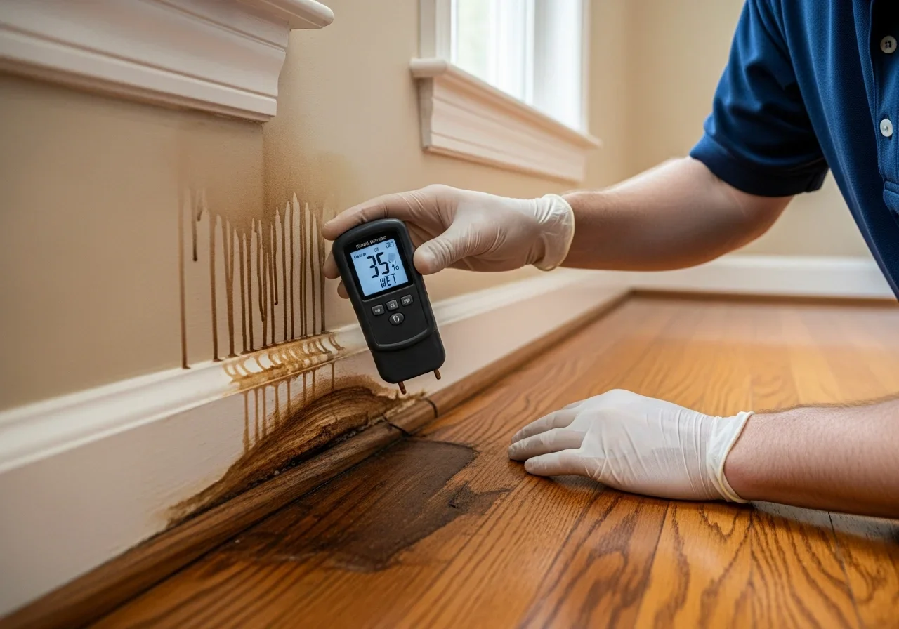 Professional moisture meter inspection showing elevated readings on wood framing in a Kannapolis NC home