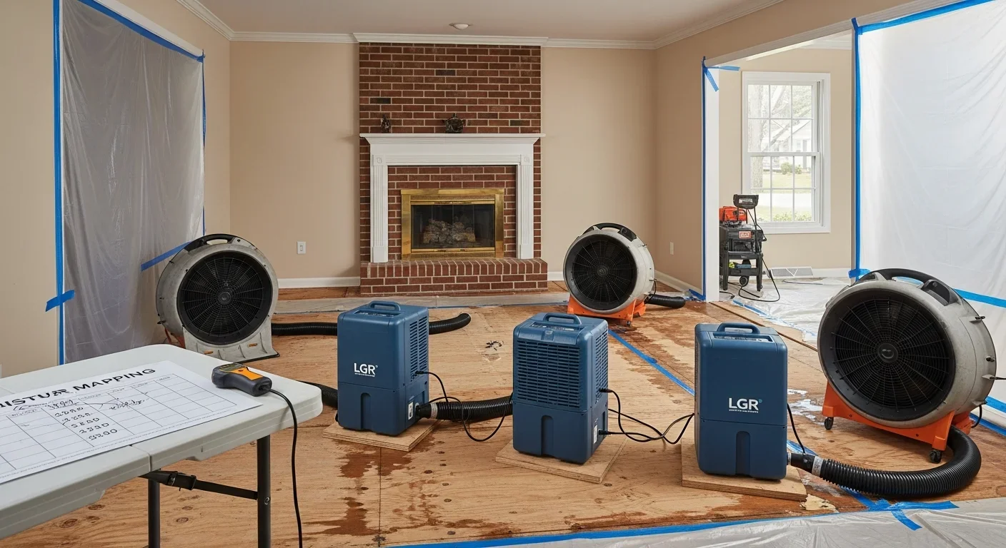 Commercial LGR dehumidifiers and air movers deployed for structural drying in a Kannapolis NC home