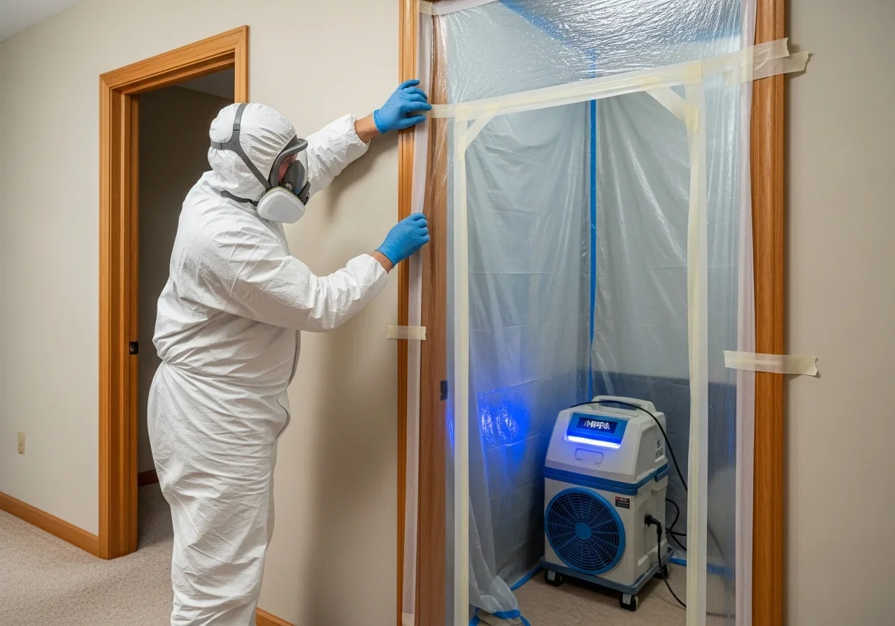 Palm Build mold containment setup in a Kannapolis NC home with HEPA air scrubbers and negative pressure barriers