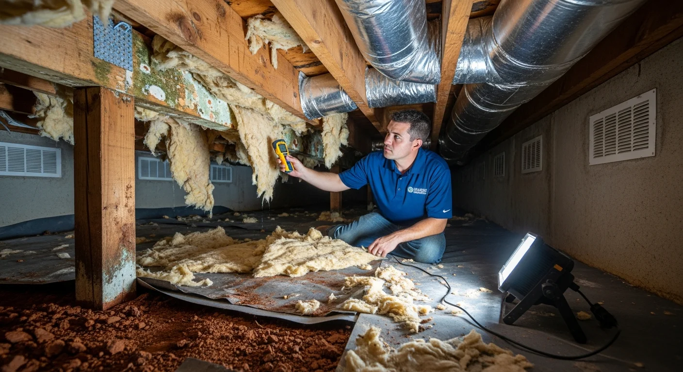 Palm Build technician inspecting mold growth on floor joists in a crawl space beneath a Kannapolis NC home with moisture meter and LED work lights