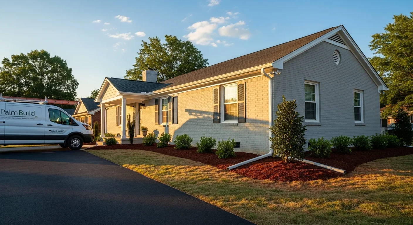 Restored brick ranch home in Kannapolis NC after water damage restoration with improved drainage and new gutters