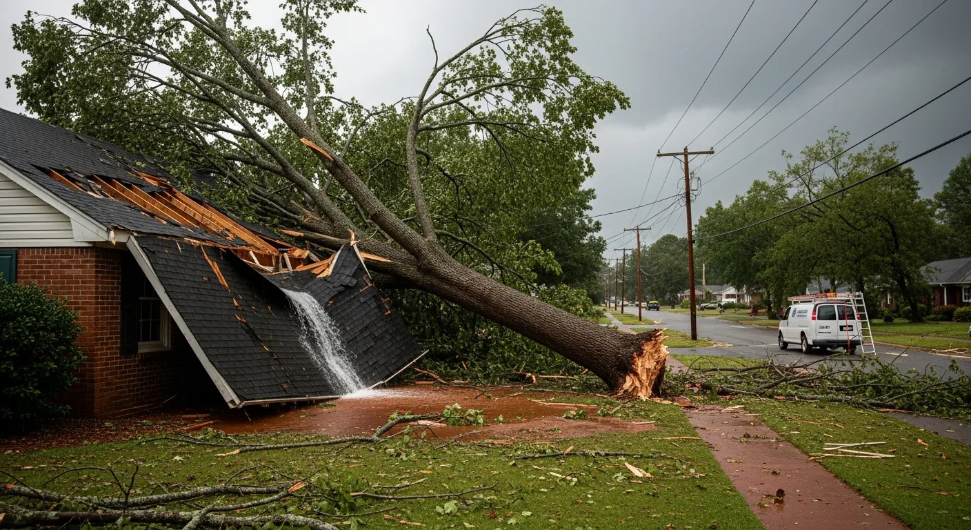 Storm damage on residential property in Kannapolis NC with tree impact on roof and Palm Build response van