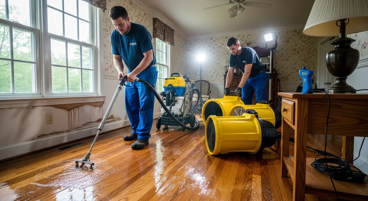 Palm Build technicians performing water extraction from hardwood floors inside a Kannapolis NC brick ranch home with commercial equipment