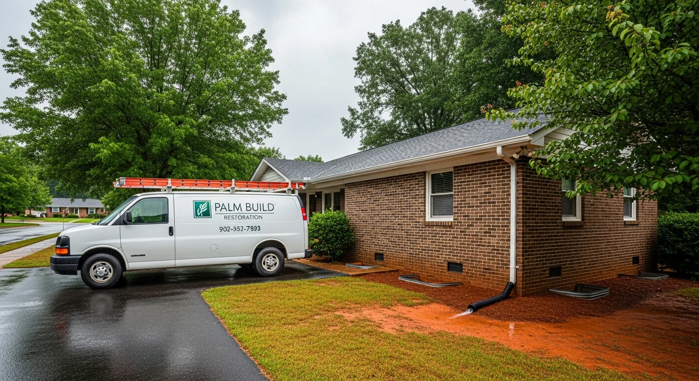 Palm Build restoration truck at a brick ranch home in Kannapolis, North Carolina with Piedmont red clay soil visible in the yard after rainfall
