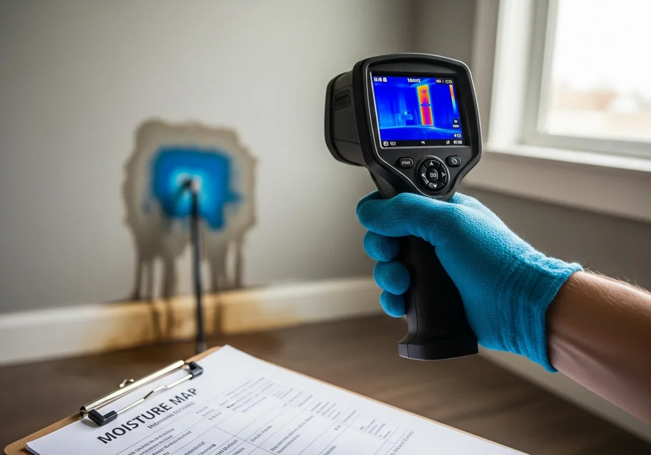 Infrared thermal imaging camera detecting hidden moisture behind walls during water damage assessment in Kannapolis NC