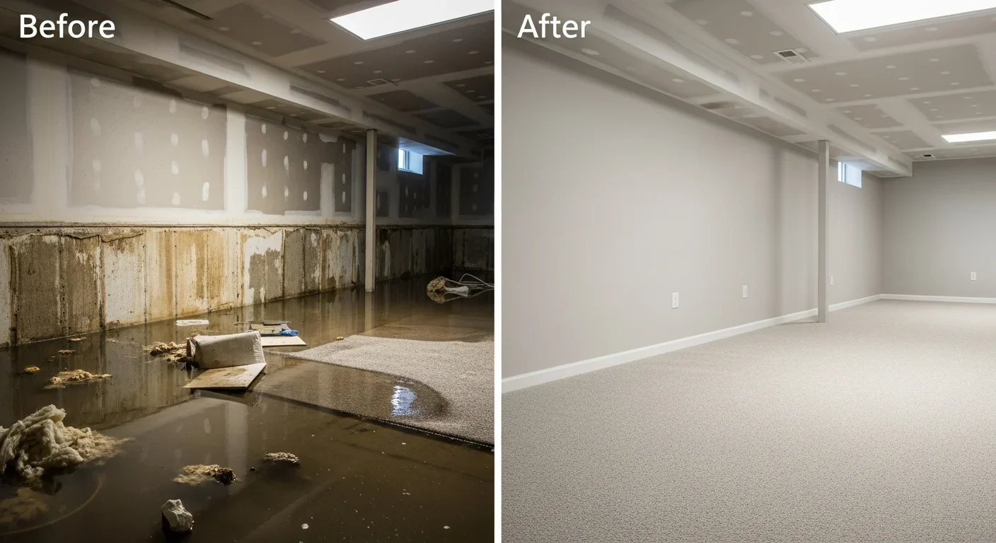 Before and after water damage restoration showing flooded basement restored to pristine condition in Kings Mountain NC