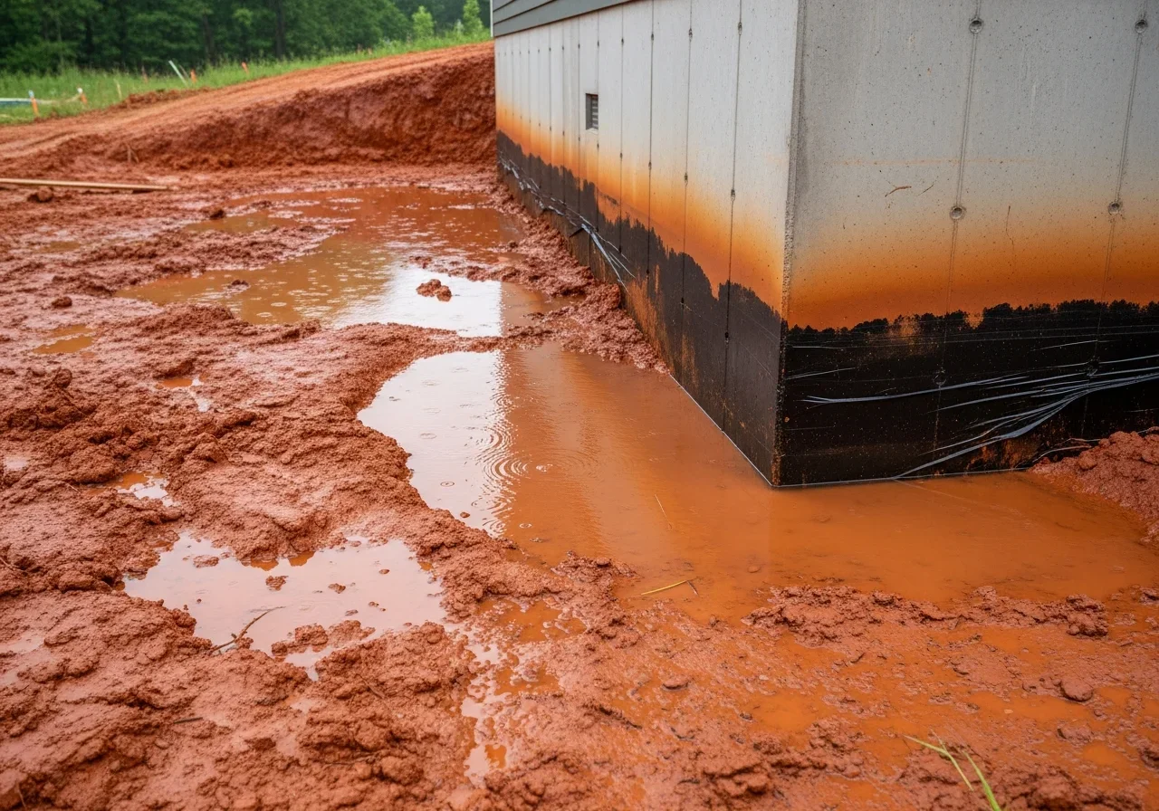 Saturated red Piedmont clay soil around a Kings Mountain NC home foundation showing standing water and poor drainage