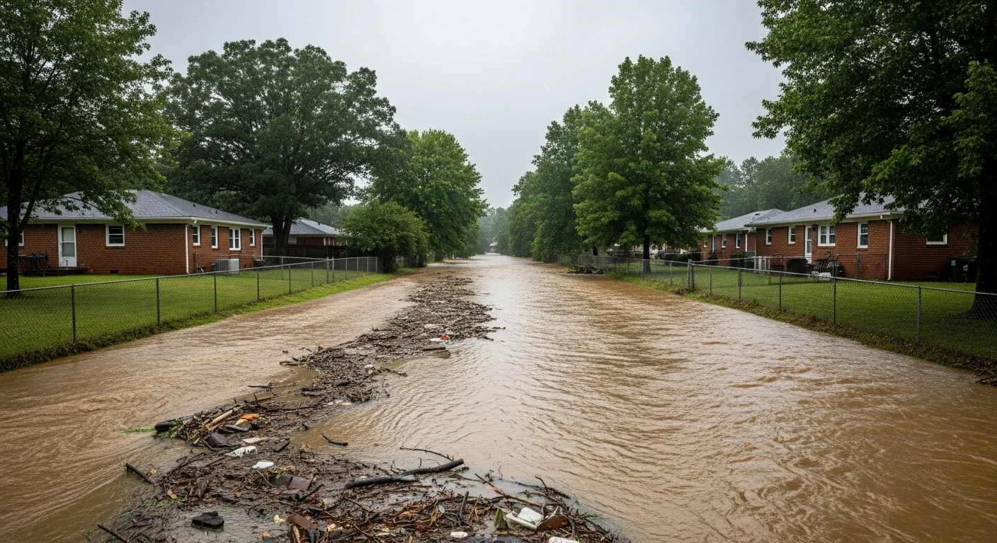 Swollen creek running through Kings Mountain NC residential neighborhood after heavy rain showing flood risk