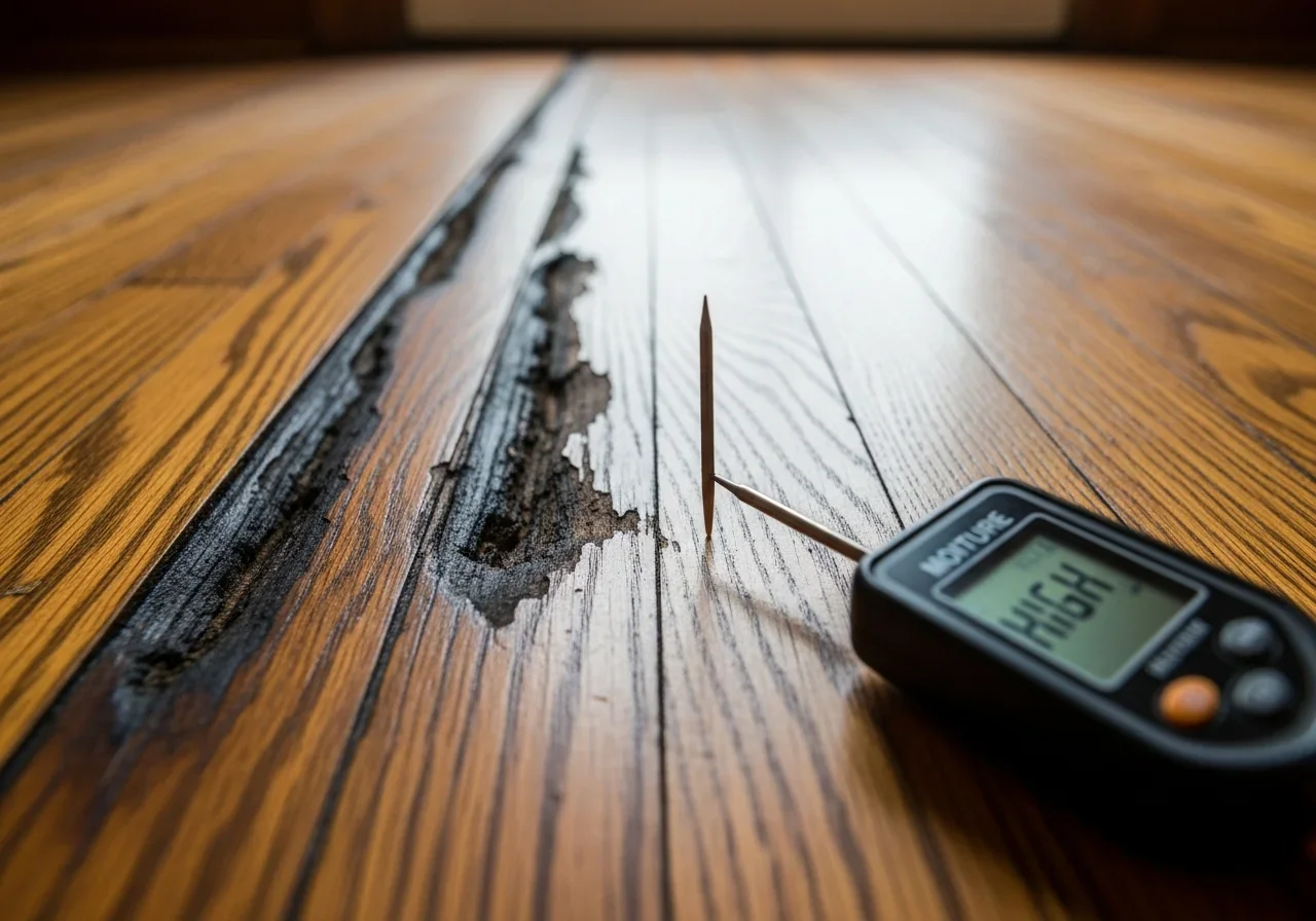 Close-up of water-damaged hardwood floor with cupping and warping in Kings Mountain NC home