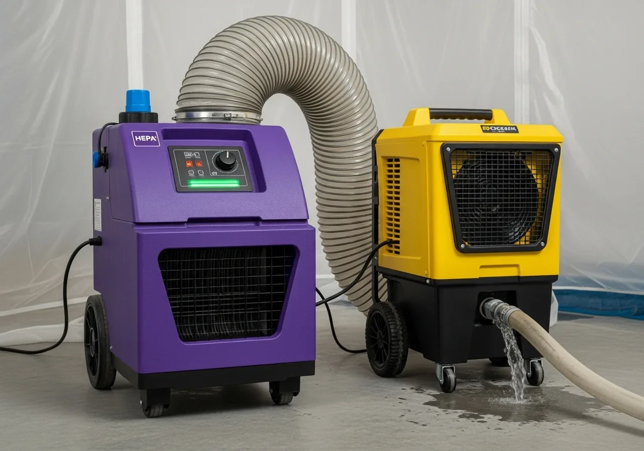 HEPA air scrubber and commercial dehumidifier running during mold remediation in Kings Mountain NC