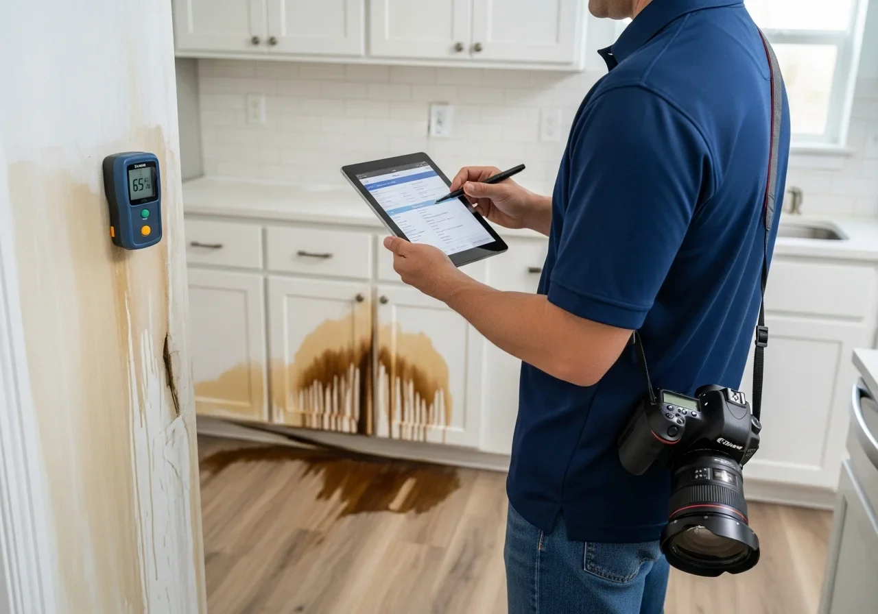 Palm Build technician documenting water damage with tablet for insurance claim in Kings Mountain NC home