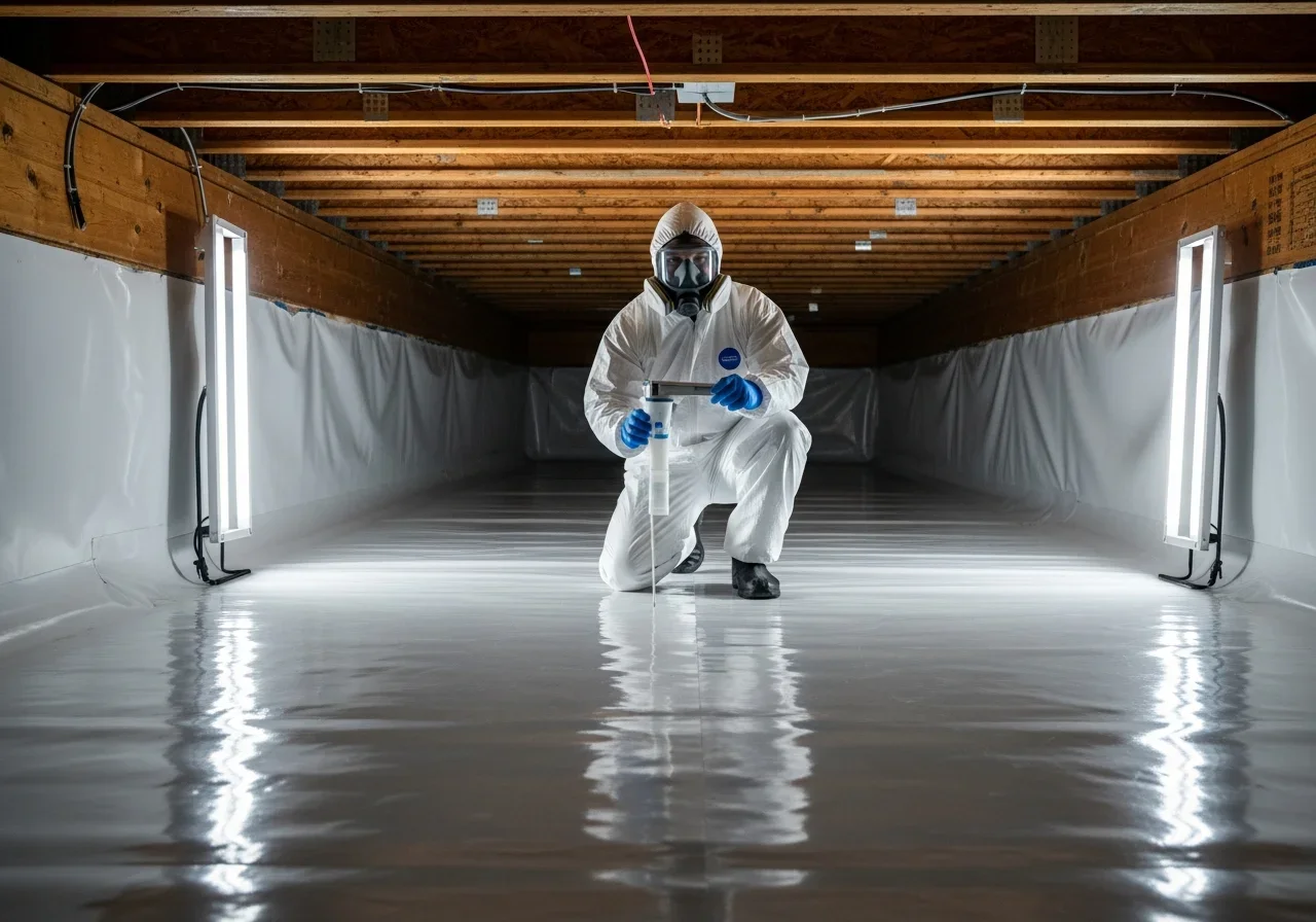 Palm Build technician performing post-remediation clearance air sampling in a Kings Mountain NC crawl space
