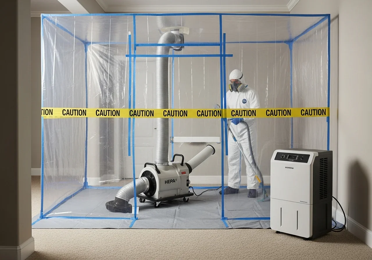 Professional mold remediation containment zone with HEPA-filtered negative air in a Kings Mountain NC home